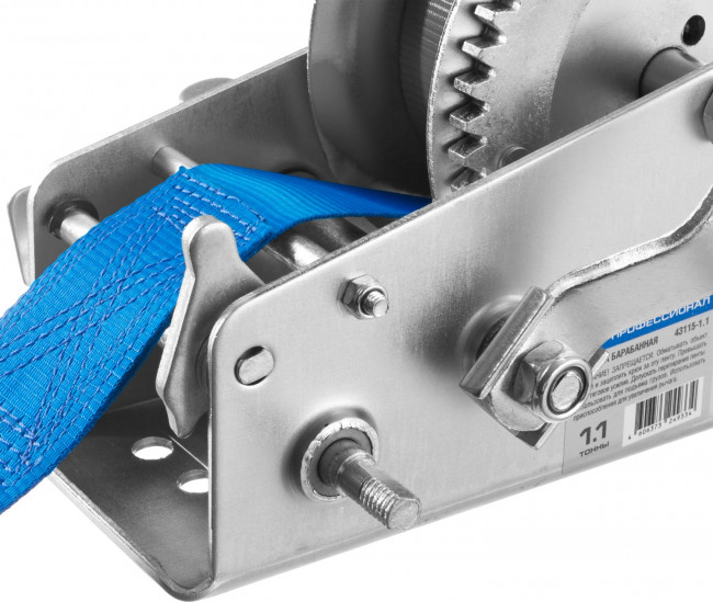 Лебедка ручная барабанная ЗУБР "ПРОФЕССИОНАЛ", тяговая, ленточная, 1,1т, 10м,  ( 43115-1.1 )