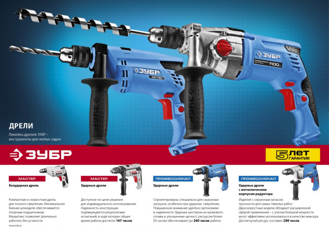 Дрель ударная, ЗУБР ДУ-550 ЭР, патрон 13 мм, реверс, сталь 10 мм / бетон 10 мм / дерево 20 мм, 550 Вт,  ( ДУ-550 ЭР )