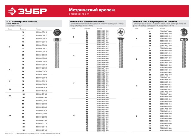 Винт DIN 7985, M6 x 50 мм, 5 кг, кл. пр. 4.8, оцинкованный, ЗУБР,  ( 303150-06-050 )