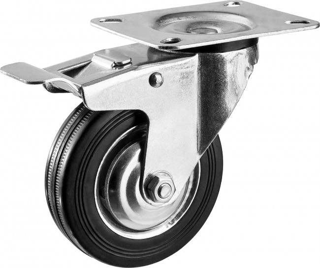 Колесо поворотное c тормозом d=100 мм, г/п 70 кг, резина/металл, игольчатый подшипник, ЗУБР Профессионал,  ( 30936-100-B )