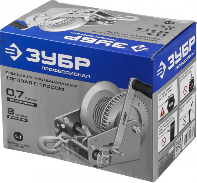 Лебедка ручная барабанная ЗУБР "ПРОФЕССИОНАЛ", тяговая, тросовая, 0,7т, 8м,  ( 43113-0.7_z01 )