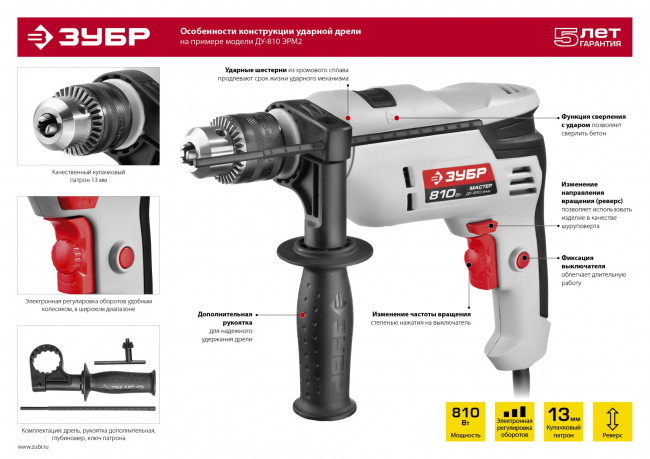 Дрель ударная, ЗУБР ДУ-810 ЭРМ2, патрон 13мм, реверс, сталь 10 мм / бетон 13 мм / дерево 20 мм, 810 Вт,  ( ДУ-810 ЭРМ2 )