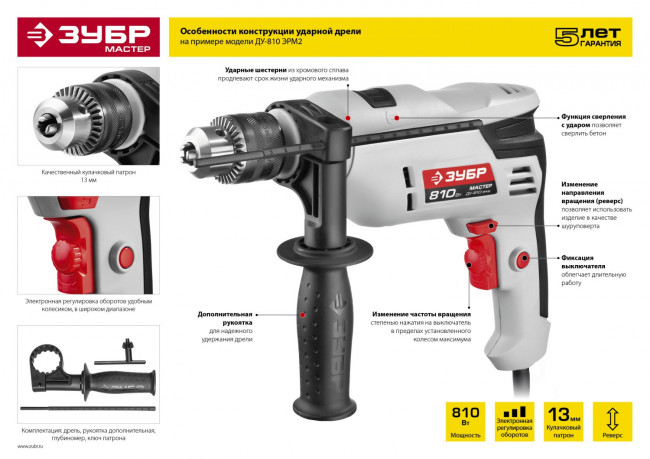 Дрель ударная, ЗУБР ДУ-810 ЭРМ2, патрон 13мм, реверс, сталь 10 мм / бетон 13 мм / дерево 20 мм, 810 Вт,  ( ДУ-810 ЭРМ2 )