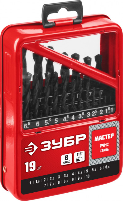 Набор сверл по металлу 19 шт (d=1-10 мм), быстрорежущая сталь, класс В, ЗУБР 29605-H19, МАСТЕР-19 ( 29605-H19 )