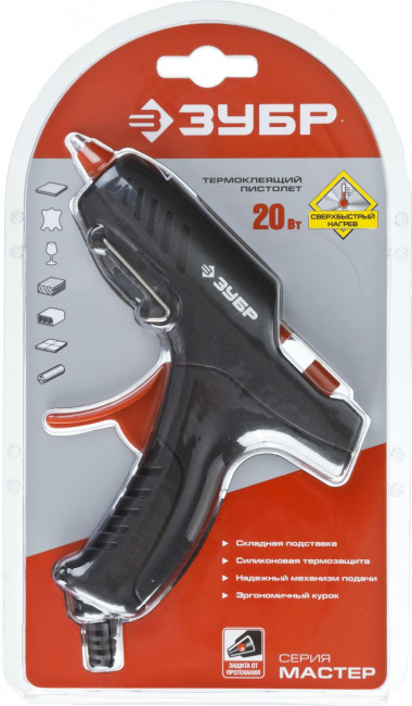 Пистолет ЗУБР "МАСТЕР" клеевой (термоклеящий), электрический, эргономичная рукоятка, рабочая температура 165град, d=8мм, 20Вт,  ( 06850-20-08_z02 )