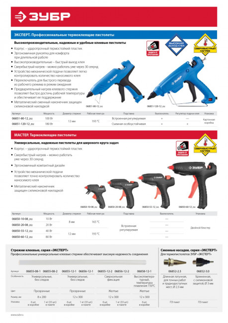 Пистолет ЗУБР "МАСТЕР" клеевой (термоклеящий), электрический, эргономичная рукоятка, рабочая температура 165град, d=8мм, 20Вт,  ( 06850-20-08_z02 )
