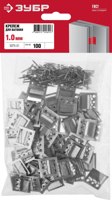 Крепеж для вагонки КЛЯЙМЕР 1 мм, 100 шт, ЗУБР, ( 3075-01 ) Крепеж для вагонки КЛЯЙМЕР 1 мм, 100 шт, ЗУБР, ( 3075-01 )