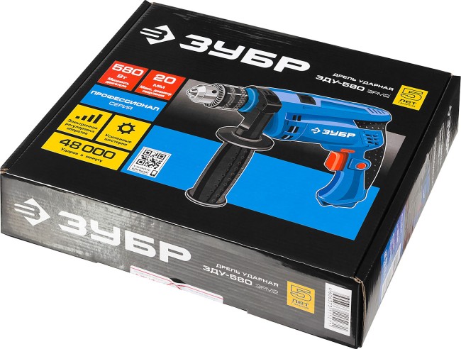 Дрель удар, ЗУБР Профессионал ЗДУ-580 ЭРМ2, патрон 13мм, реверс, d: сталь-10 мм/бетон-13 мм/дерево-20 мм, 0-3000 об/мин, 0-48000 уд/мин, 580 Вт,  ( ЗДУ-580 ЭРМ2 )