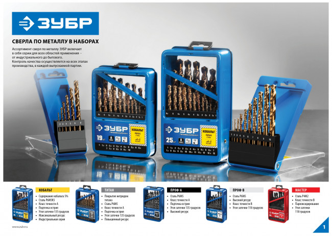 Набор сверл по металлу 19 шт (d=1-10 мм), Проф-А, класс А, сталь Р6М5, ЗУБР Профессионал 29625-H19 ( 29625-H19 )