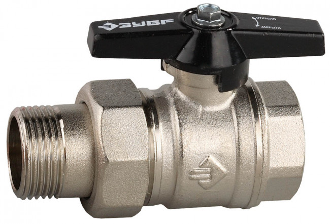 Кран шаровой ЗУБР полнопроходной с накидной гайкой "мама-папа", бабочка, никелированная латунь, 1",  ( 4-51327-C-1 )