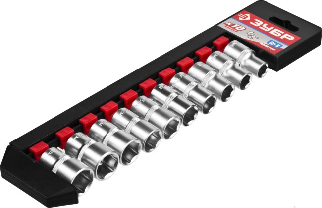 Набор ЗУБР "МАСТЕР": Торцовые головки (1/2") на пластиковом рельсе, Cr-V, 10-19мм, 10 предметов,  ( 27652-H10 )