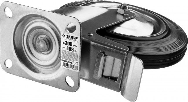 Колесо поворотное c тормозом d=200 мм, г/п 185 кг, резина/металл, игольчатый подшипник, ЗУБР Профессионал,  ( 30936-200-B )