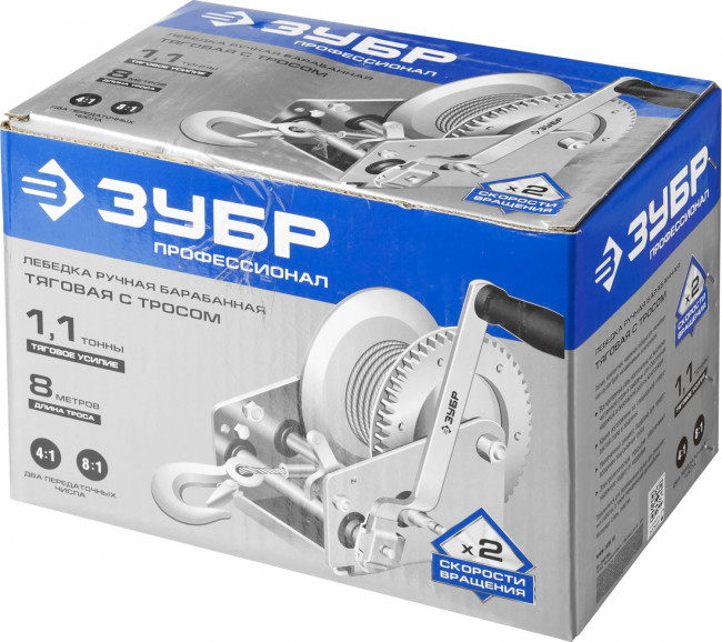 Лебедка ручная барабанная ЗУБР "ПРОФЕССИОНАЛ", тяговая, тросовая, 1,1т, 8м,  ( 43113-1.1_z01 )