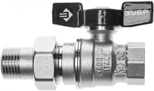 Кран шаровой ЗУБР полнопроходной с накидной гайкой "мама-папа", бабочка, никелированная латунь, 1/2" ,  ( 4-51327-C-1/2 )