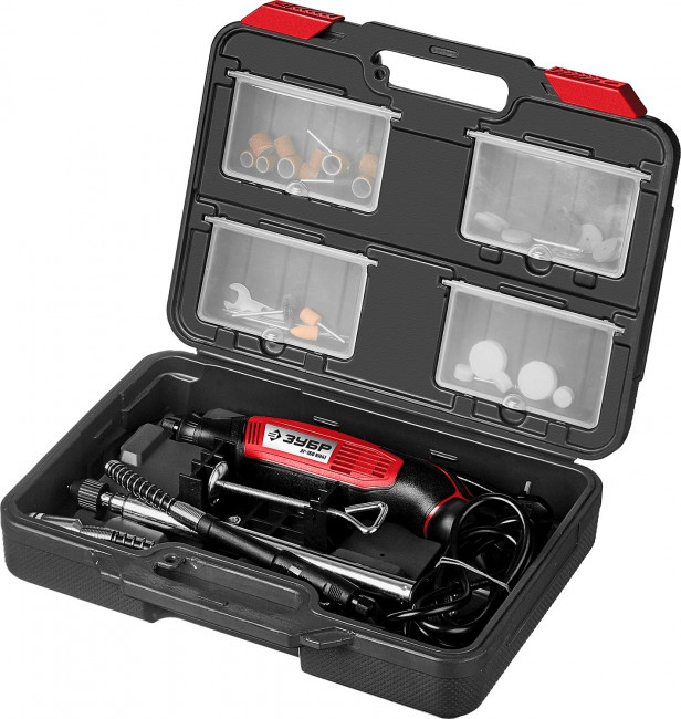 Гравер электрический, ЗУБР ЗГ-160 КН41, 220В, 160 Вт, 3.2 мм, 15000-35000 об/мин, набор насадок, цанг и державок, гибкий вал, штатив, 41 предмет, кейс ( ЗГ-160 КН41 )