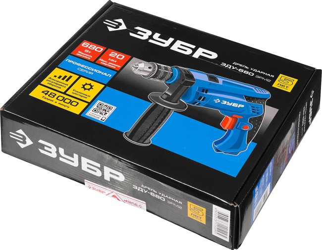 Дрель удар, ЗУБР Профессионал ЗДУ-680 ЭРМ2, патрон 13 мм, реверс, d: сталь-10 мм/бетон-13 мм/дерево-20 мм, 0-3000 об/мин, 0-48000 уд/мин, 680 Вт,  ( ЗДУ-680 ЭРМ2 )