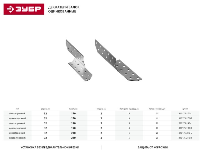 Держатель балки правосторонний, 32х190 х 2мм, 20 шт, ЗУБР,  ( 310175-190-R )
