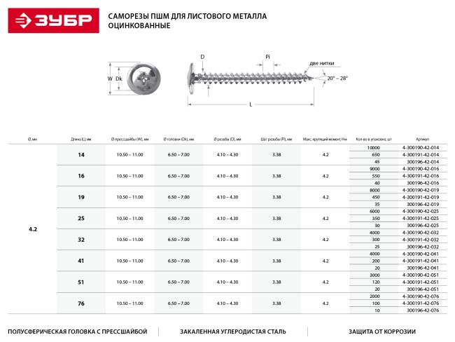 Саморезы ПШМ для листового металла, 16 х 4.2 мм, 550 шт, ЗУБР,  ( 4-300191-42-016 )