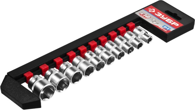 Набор ЗУБР "МАСТЕР": Торцовые головки (3/8") на пластиковом рельсе, Cr-V, 8-19мм, 10 предметов,  ( 27654-H10 )