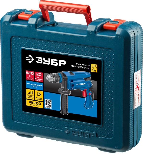 Дрель удар, ЗУБР Профессионал ЗДУ-680 ЭРКМ2, патрон 13мм, реверс, сталь-10мм/бетон-13мм/дерево-20мм, 0-3000 об/мин, 0-48000 уд/мин, 680 Вт, кейс,  ( ЗДУ-680 ЭРКМ2 )