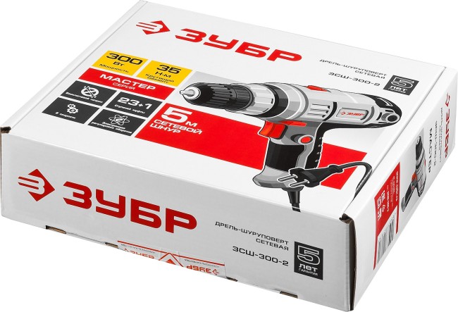 Дрель-шуруповерт сетевая, ЗУБР ЗСШ-300-2, 220В, двиг.перем.тока, макс. крепеж 6 мм, БЗП 10 мм, 0-400 / 0-1400 об/мин, 23+1, 35 Н*м, 300 Вт,  ( ЗСШ-300-2 )