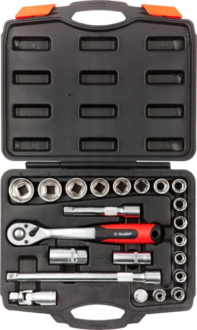 Набор ЗУБР "МАСТЕР": Торцовые головки FLANK (1/2"), доп.принадлежности, Cr-V, 10-32 мм, 22 предмета,  ( 27632-H22 )