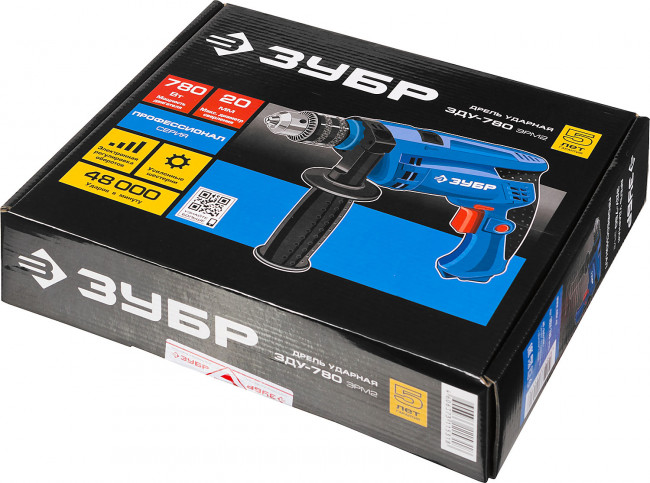 Дрель удар, ЗУБР Профессионал ЗДУ-780 ЭРМ2, патрон 13 мм, реверс, d: сталь-10 мм/бетон-13 мм/дерево-20 мм, 0-3000 об/мин, 0-48000 уд/мин, 780 Вт,  ( ЗДУ-780 ЭРМ2 )