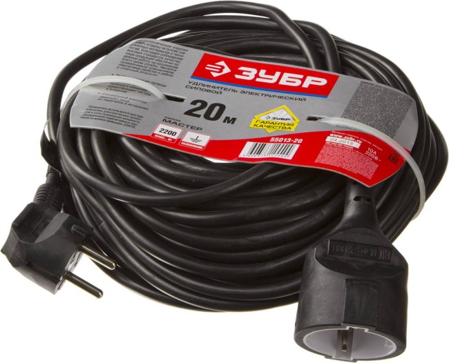 Удлинитель электрический, 20 м, 2200 Вт, 1 гнездо, ПВС 3x1 мм2, ЗУБР,  ( 55013-20 )