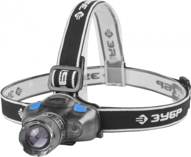 Фонарь ЗУБР "ЭКСПЕРТ" налобный светодиодный, 3Вт(120Лм)+2LED, регулируемый фокус, 4 режима, 2ААА,  ( 56432 )