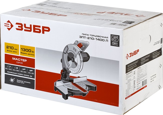 Пила торцовочная, ЗУБР ЗПТ-210-1400 Л, d= 210 x 30 мм, 1300 Вт, 5500 об/мин, лазер,  ( ЗПТ-210-1400 Л )