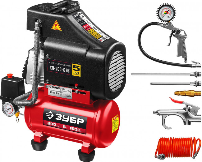 Компрессор воздушный безмасляный с набором аксессуаров, 200 л/мин, 6 л, 1500 Вт, ЗУБР ( КП-200-6 Н6 )