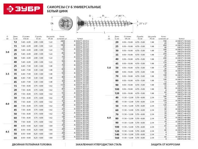 Саморезы СУ-Б универсальные, 35 x 5.0 мм, 40 шт, белый цинк, ЗУБР,  ( 4-300377-50-035 )