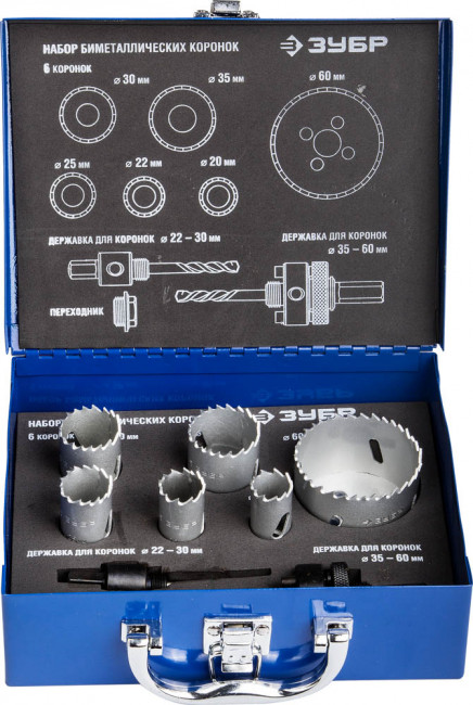 Набор: Коронки биметаллические, глубина сверления до 38мм, d 20,22,25,30,35,60мм, ЗУБР,  ( 29531-H6-1 )