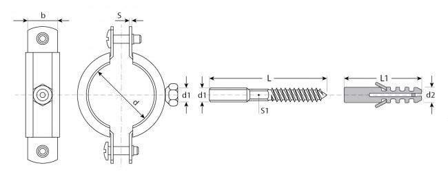 Хомут трубный с гайкой, оцинкованный, в комплекте с сантехнической шпилькой и дюбелем, 1/2", 1шт, ЗУБР,  ( 37866-20-24_z01 )