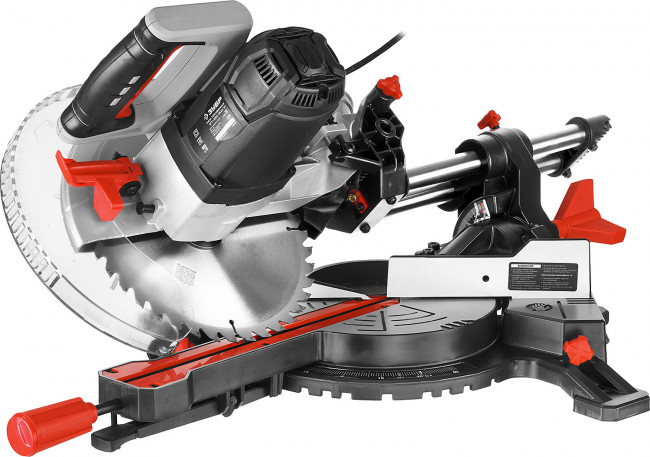 Пила торцовочная, ЗУБР ЗПТ-255-1800 ПЛ, d= 255 x 30 мм, 1800 Вт, 5000 об/мин, с протяжкой, лазер, удлинители стола,  ( ЗПТ-255-1800 ПЛ )