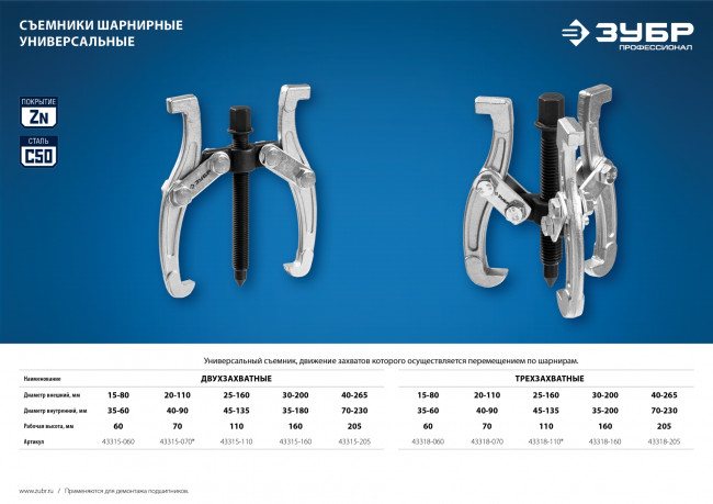 Съемник шарнирный 3-захватный, 160 мм, ЗУБР Профессионал, (  43318-160 )