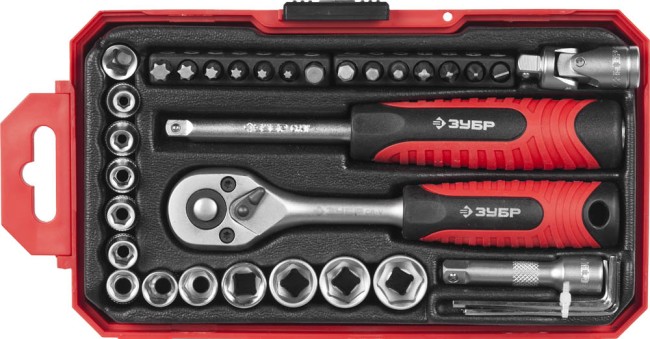 Набор ЗУБР "МАСТЕР": Торцовые головки FLANK (1/4"), доп.принадлежности, Cr-V, 4-13мм, 35 предметов ,  ( 27642-H35 )