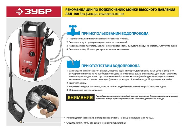 Мойка высокого давления (минимойка) электрич, ЗУБР АВД-100,макс. 100 Атм, 300л/ч,1400Вт,бачок для средства, АКВА-СТОП, 5м шланг, пистолет 375,  ( АВД-100 )