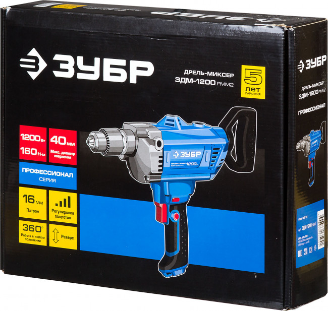 Дрель-миксер реверсивная, ЗУБР Профессионал ЗДМ-1200 РММ2, 160 Нм, патрон 16 мм, 0-850 об/мин, 1200 Вт,  ( ЗДМ-1200 РММ2 )