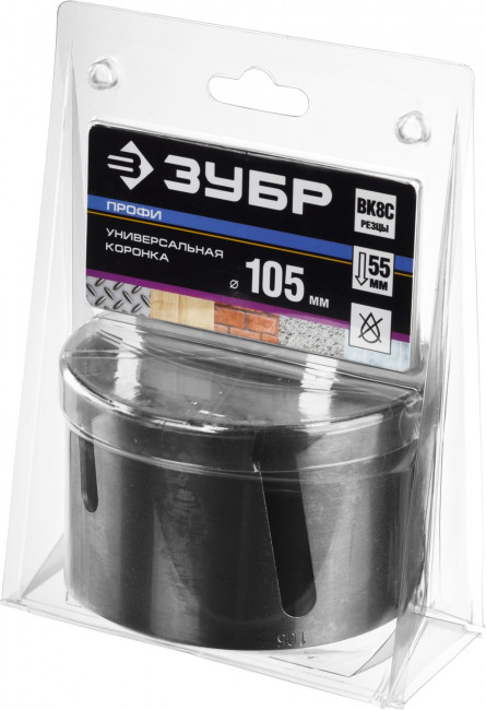 Коронка ЗУБР "ПРОФИ" "ПРОУНИВЕРСАЛ", твердосплав резцы, бетон, кирпич, керам, цв мет, гипсокарт, пласт, дерево, d=105мм,  ( 29514-105 )