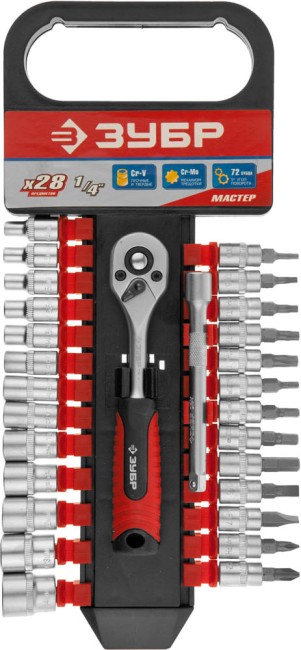 Набор ЗУБР "МАСТЕР": Торцовые головки, биты-головки (1/4") на пластик рельсе, трещотка, удл-тель, Cr-V, 4-14мм, 28 пред,  ( 27645-H28 )