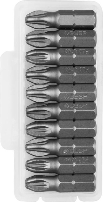 Биты ЗУБР "МАСТЕР" кованые, хромомолибденовая сталь, тип хвостовика C 1/4", PZ3, 25мм, 10шт,  ( 26003-3-25-10 )