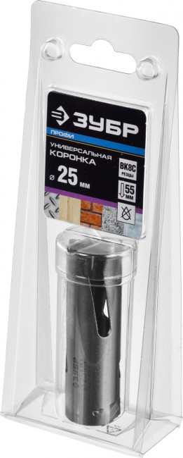 Коронка ЗУБР "ПРОФИ" "ПРОУНИВЕРСАЛ", твердосплав резцы, бетон, кирпич, керам, цв мет, гипсокарт, пласт, дерево, d=25мм ,  ( 29514-25 )