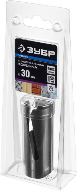 Коронка ЗУБР "ПРОФИ" "ПРОУНИВЕРСАЛ", твердосплав резцы, бетон, кирпич, керам, цв мет, гипсокарт, пласт, дерево, d=30мм ,  ( 29514-30 )