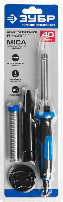 Паяльник ЗУБР "ПРОФЕССИОНАЛ" с двухкомпонентной рукояткой и защитным колпачком в наборе с припоем и подставкой, 40Вт, конус,  ( 55402-40_z01 ) Паяльник ЗУБР "ПРОФЕССИОНАЛ" с двухкомпонентной рукояткой и защитным колпачком в наборе с припоем и подставкой, 40Вт, конус,  ( 55402-40_z01 )