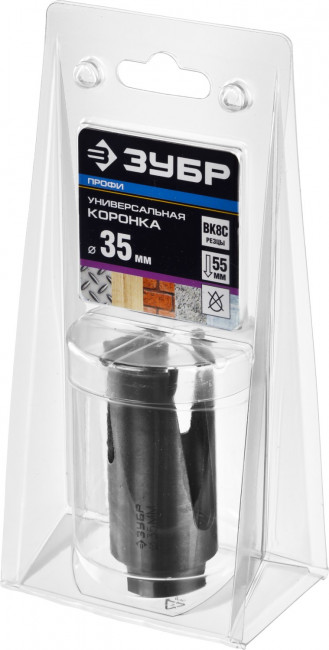Коронка ЗУБР "ПРОФИ" "ПРОУНИВЕРСАЛ", твердосплав резцы, бетон, кирпич, керам, цв мет, гипсокарт, пласт, дерево, d=35мм ,  ( 29514-35 )