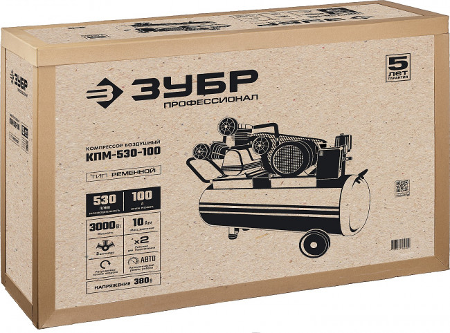 Компрессор ременной, 380 В, 530 л/мин, 100 л, 3000 Вт, ЗУБР ( КПМ-530-100 )