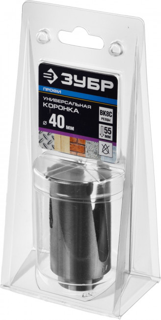 Коронка ЗУБР "ПРОФИ" "ПРОУНИВЕРСАЛ", твердосплав резцы, бетон, кирпич, керам, цв мет, гипсокарт, пласт, дерево, d=40мм ,  ( 29514-40 )