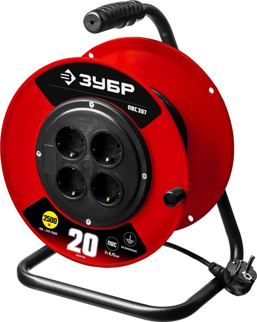 Удлинитель на катушке ПВС 307, 20 м, 2500 Вт, 4 гнезда, ПВС 3х0,75 кв мм, ЗУБР,  ( 55083-20 )