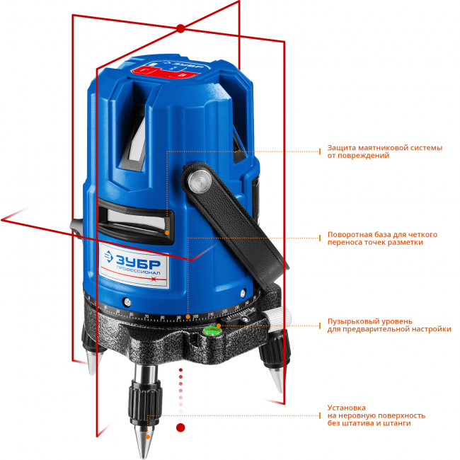 ЗУБР КРЕСТ 55 нивелир лазерный линейный, 4 верт, 3 гориз. линии, кейс,  20м,  точн. 0,3 мм/м, ( 34904 )